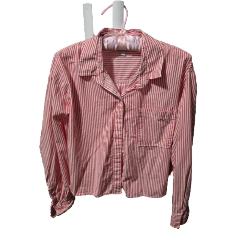 Old Navy Pink Striped Cropped Button Down Shirt, Size Large